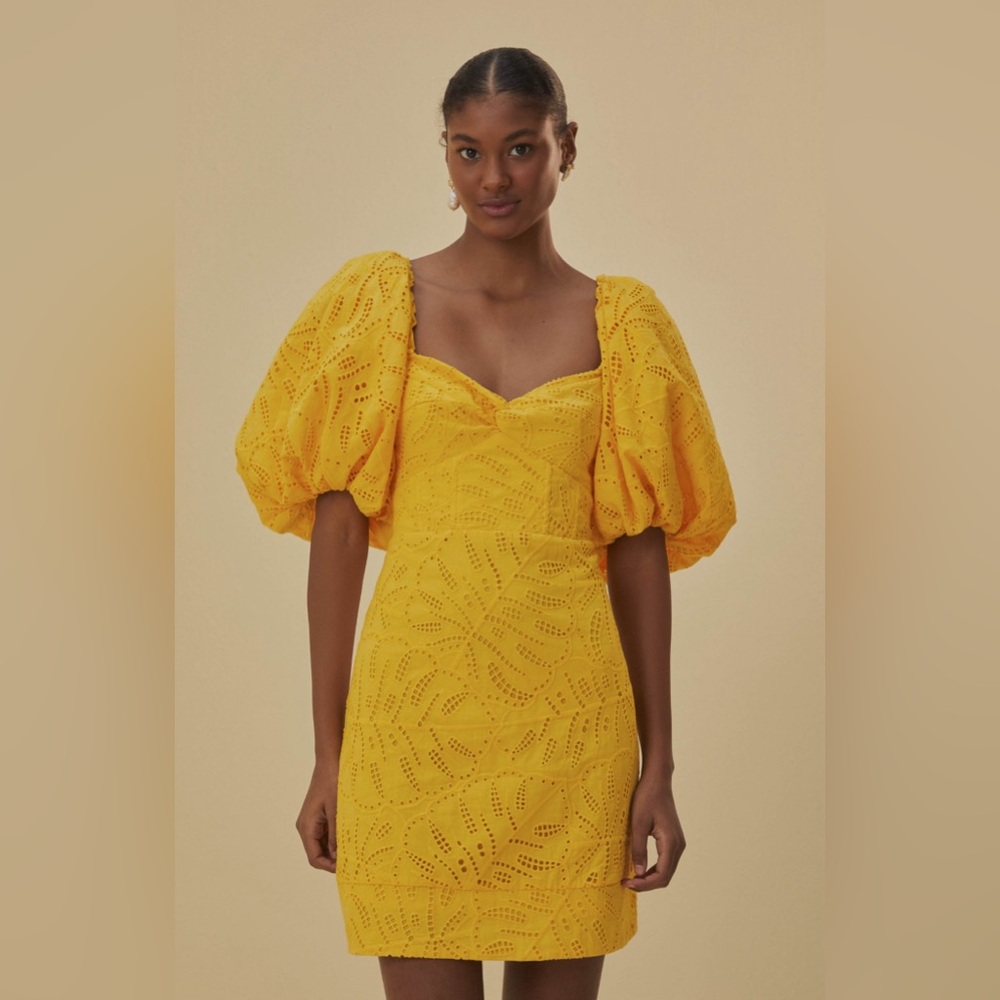 FARM Rio Yellow Monstera eyelet short sleeve mini dress